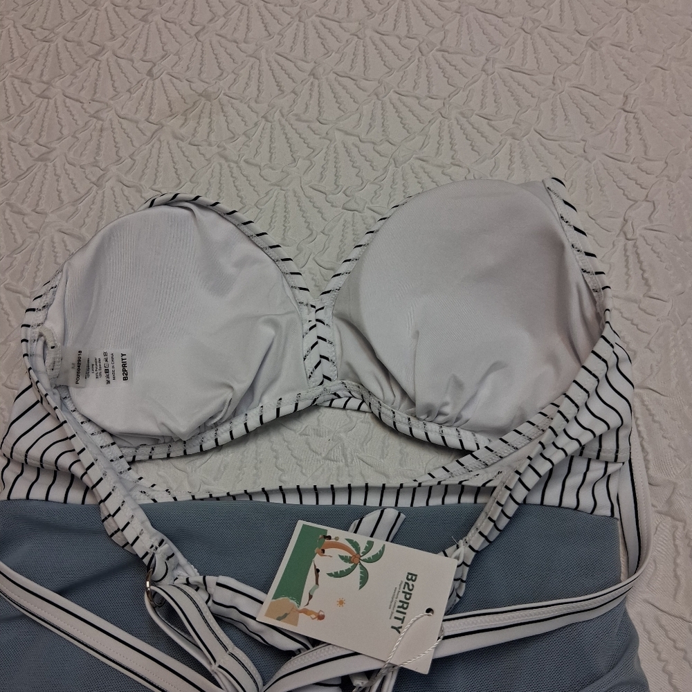 B2 PRITY New Striped Halter Swimsuit with Blue Skirt size M - Picture 16 of 16